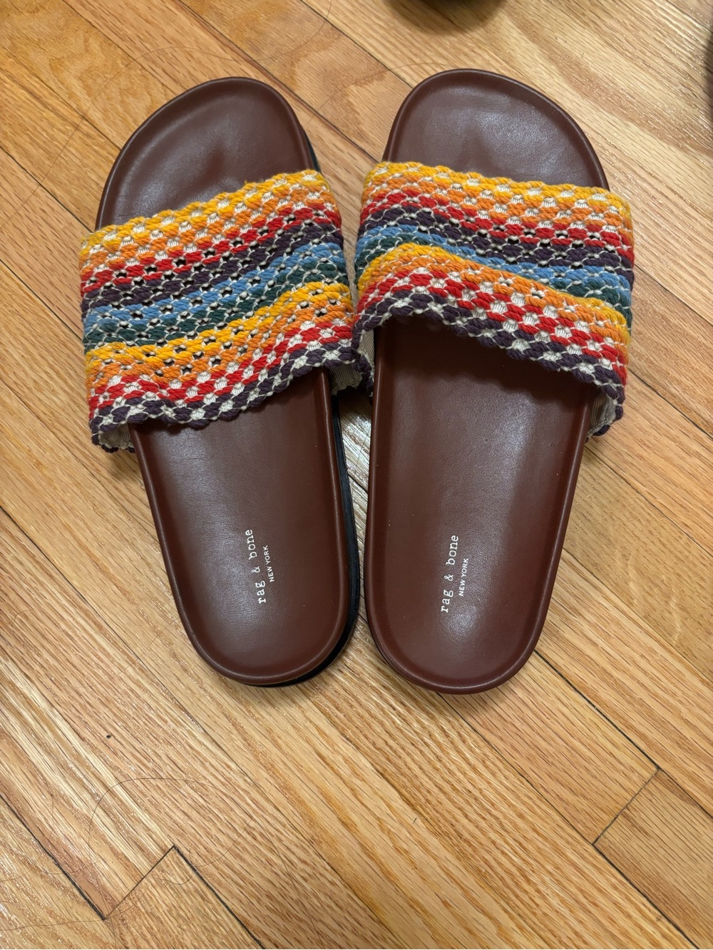 rag & bone Brown Footbed Slide Sandals with Multicolor Woven Straps